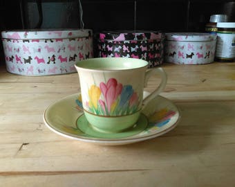 Vintage art deco Clarice Cliff Newport Pottery Spring Crocus pattern coffee cup and saucer