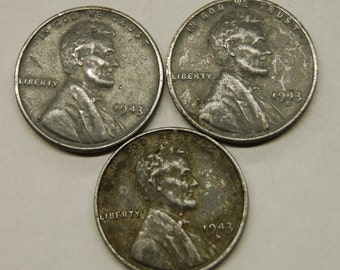 Complete Set 1943 World War 2 Steel Wheat Pennies / All 3 Mints (P,D,S) / WWII / WW2 / Old Coins