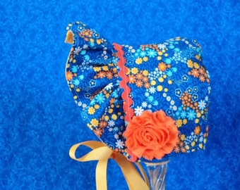 Blue Baby Bonnet with Flowers and is Reversible