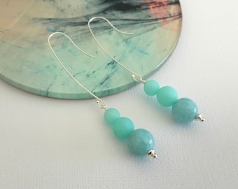 Long aqua earrings, Sterling silver, Long earrings, Modern, Boho, thehappylittlebeader