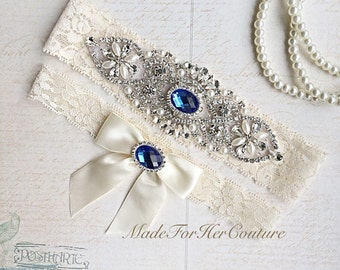 Royal Blue Wedding Garter, Bridal Garter Set, Blue Garter Set, Crystal Pearl Garter, Vintage Garter, Wedding Garter Belt-Something Blue