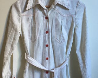 70s Linen Jumpsuit // Off White Linen Orange Red Detail Belted Women's Jumpsuit // XSmall Small