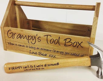 Father's Day gift, Toolbox, Personalised tool box, Handy box, Wooden tool box, Engraved, Personalised Hammer, Grandad gift, Gifts for him