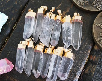 quartz pendant, clear quartz, crystal quartz pendant, gold edged pendant, natural gemstones, long pendant, 35mm-55mm,