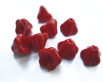 True Red Five Petal Flower Czech Beads - B-7014