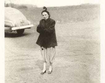 Vintage Snapshot "Fashion Victim" Bizarre Hat Fur Jacket Strange Hat Found Vernacular Photo