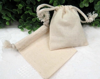 12 Muslin Drawstring Bags, approximately 3x4", Unbleached Cotton