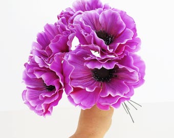 20 Red Poppies Artificial Flowers Silk Purple Poppy 4" Flower Floral Hair Accessories Wedding Anemones Supplies Faux Fake Anemone
