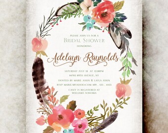 Printable Bridal shower Invitation - Bohemian Bridal shower Invitation, floral bridal shower invitation, bridal shower, wedding shower