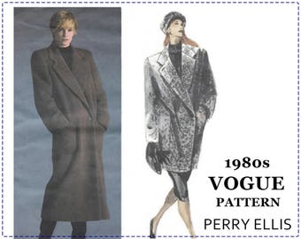 1980s Coat Sewing Pattern - Vogue American Designer 1935 - Perry Ellis - Misses Coat, Loose, A-Line, Double Breasted - Size 12 Bust 34