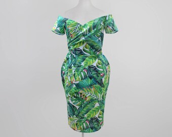 Tropical Wrap Dress | Off the Shoulder Hawaiian Dress | 1950s Pinup clothing | 50s style wedding | Palm Leaf Green Dress | Custom Sizes