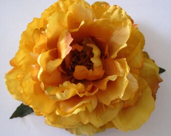 6" Mustard Amber Sage Peony Silk Flower Hair Clip