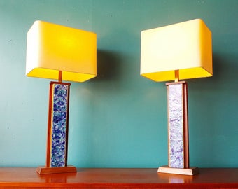 FREE SHIPPING pair mid century modern Harris Strong blue tile walnut lamps with new shades