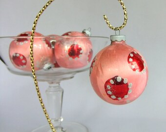 4 Vintage Pink Frosted Shiny Brite Glass Christmas Holiday Tree Ornament Balls - Silver, Red Polka Dots or Spots, Frosty, Icy, Mid Century