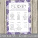 Bridal Shower Purse Game Printable Cards , purple hydrangeas, INSTANT DOWNLOAD, diy digital file, print your own, whats in your purse? game