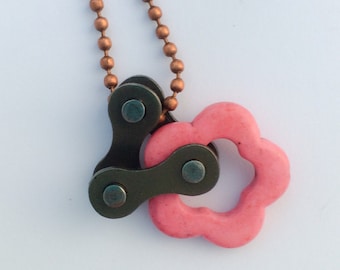pink bicycle jewelry, bike chain and pink flower cycling jewelry