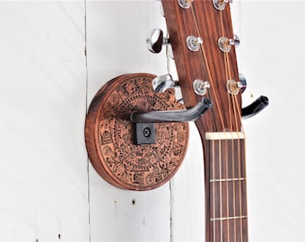 Guitar Wall Mount. Etch wood sea life mandala wall hanger. Hand forged steel holder