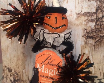 Halloween tree topper pumpkin doll pumpkin tree topper vintage retro inspired black and orange party decor