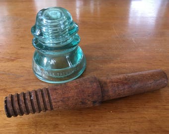 Antique Whitall Tatum USA # 1 Aqua Glass Insulator with wood Insert