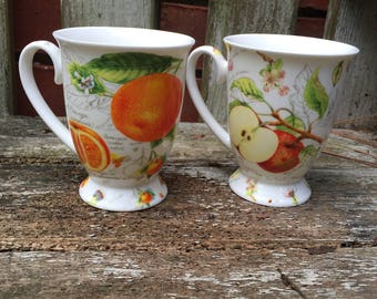 Pair of Kent Pottery Tea Coffee Cups Mugs Oranges and Apples Botanical