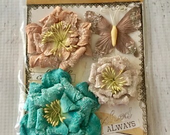Prima Handmade Flower Embellishments, pkg of 4, for scrapbooking, card making, mixed media, mini albums, art journaling, papercrafting