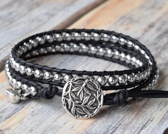 Silver Wrap Bracelet, Wrap Bracelet, Black Wrap Bracelet, Bracelet Wrap, Beaded Wrap Bracelet, Beaded Leather Wrap, Boho Wrap Bracelet