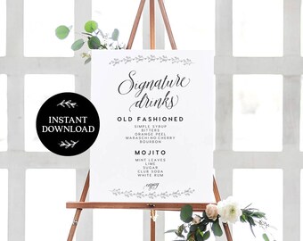 Signature Drink Sign INSTANT DOWNLOAD Editable PDF, Signature Drinks Printable, Wedding Reception Sign, Wedding Bar Sign - Amber