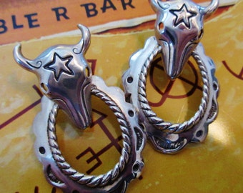 Sterling Silver Western Hoop with Steer Head/Skull Pierced Earrings