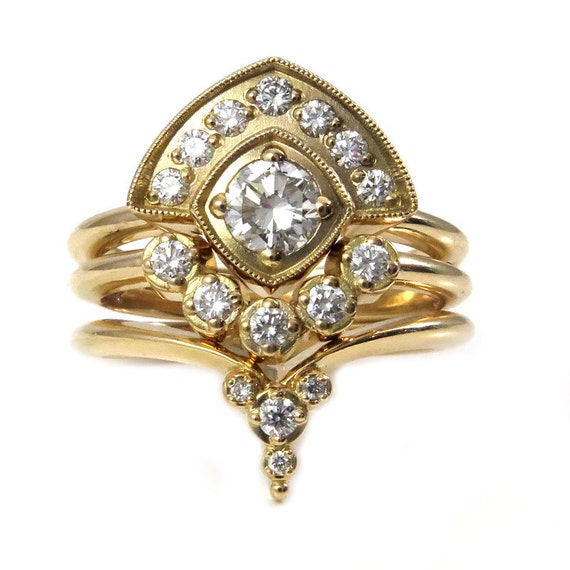 Art Deco Stacking Diamond Engagement Ring Set - Rose, Yellow or White Gold