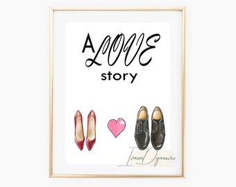 A love story Fashion illustration print Cute couple shoes fashion sketch wall art print
