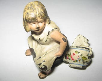 Antique 1800s Cast Iron Child on Top Hat Chamber Pot Figure #e226
