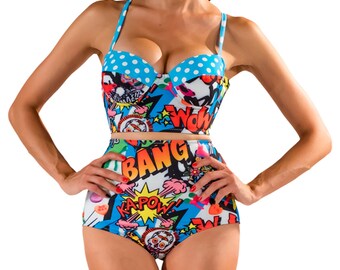 ka pow underwire bustier bikini top comic book print pin plus size swimsuits with underwire