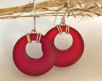 Red Sea Glass Earrings with Sterling Silver Ear Wires