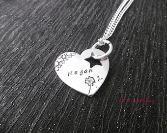 Handstamped Patterned Heart Necklace -Personalised name pendant - Dandelion and wishes - Necklace - Jewellery - Gift