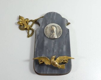 Art Deco Posy Holder Tussie Mussie Saint Esprit Dove Holy Spirit Plaque Double Fleur De Lys Marble Brass Wall Hanging virgin Mary