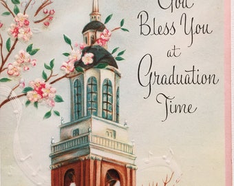 Vintage Graduation Card God Bless You NOS 1950s Glitter