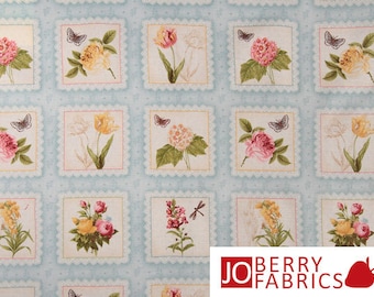 Botanical Labels Quilt or Craft Fabric by The Henley Studio for Makower UK, Spring Flowers, Fabric by the Yard