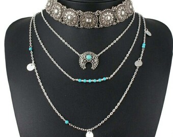 Boho, Bohemian turquoise Necklace, Layering Necklace, Long Turquoise Necklace,cresent moon necklace,90s jewlelry,