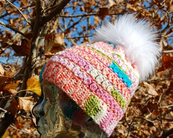 Winter Beanie, Winter Hat, Slouchy Beanie, Valentine's Gift, Handmade, Crochet,Mulit-Colored Hat,Faux Fur Pompom,Ready to ship