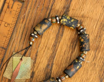 Artisan Art Beads. Polymer clay over wood. Clay beads. Minis! Handmade Bead Set of 5 with Handmade and Vintage Dangles. Beadwork, supply.