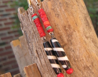 Bohemian dangle earrings- bone, coral, and turquoise colored howlite
