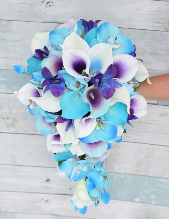 Silk Wedding Bouquet Real Touch Turquoise Purple Picasso