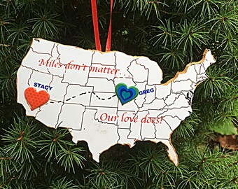 BFF Sweetheart Valentine Ornament /Magnet Personalized Long Distance Handcrafted Wood Gift for Best Friend Sister Fiancee Roommate, US Map,