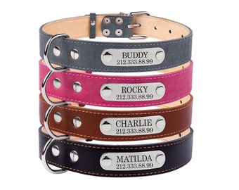Leather Dog Collar Personalized Laser Engraved ID TAG Leash Puppy Small Medium Large Pink Black Brown Grey
