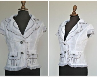 90s Crop Top Embroidered Blouse Ruffle Blouse Summer Blouse 80s Blouse White Blouse Sheer Blouse Cotton Blouse Button Up Blouse