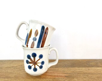 Vintage Mugs | Set of 2 Pottery Mugs | Brown & Blue Modern Design | Vintage Serveware, Drinkware, Kitchenware