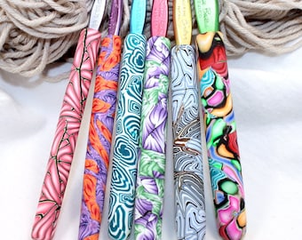 Polymer clay crochet hook set of 6, Susan Bates new hooks, size F through K, six different designs, ready to ship
