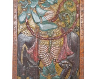 Indian Carved Sculpture Door Krishna Handmade Vintage Fluting Krishna Wall Relief  Meditation Eclectic Decor