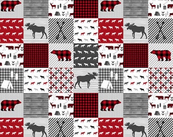 Baby Crib Quilt, Crib Bedding Boy, Woodland Nursery, Baby Boy Quilt, Woodland Baby Quilt, Red Grey Gray Moose Bear Plaid, Minky Baby Blanket