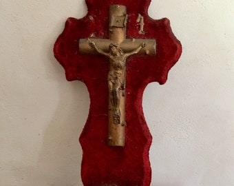 Beautiful French catholic vintage red velvet crucifix with holy water font, ancient cross with Jesus